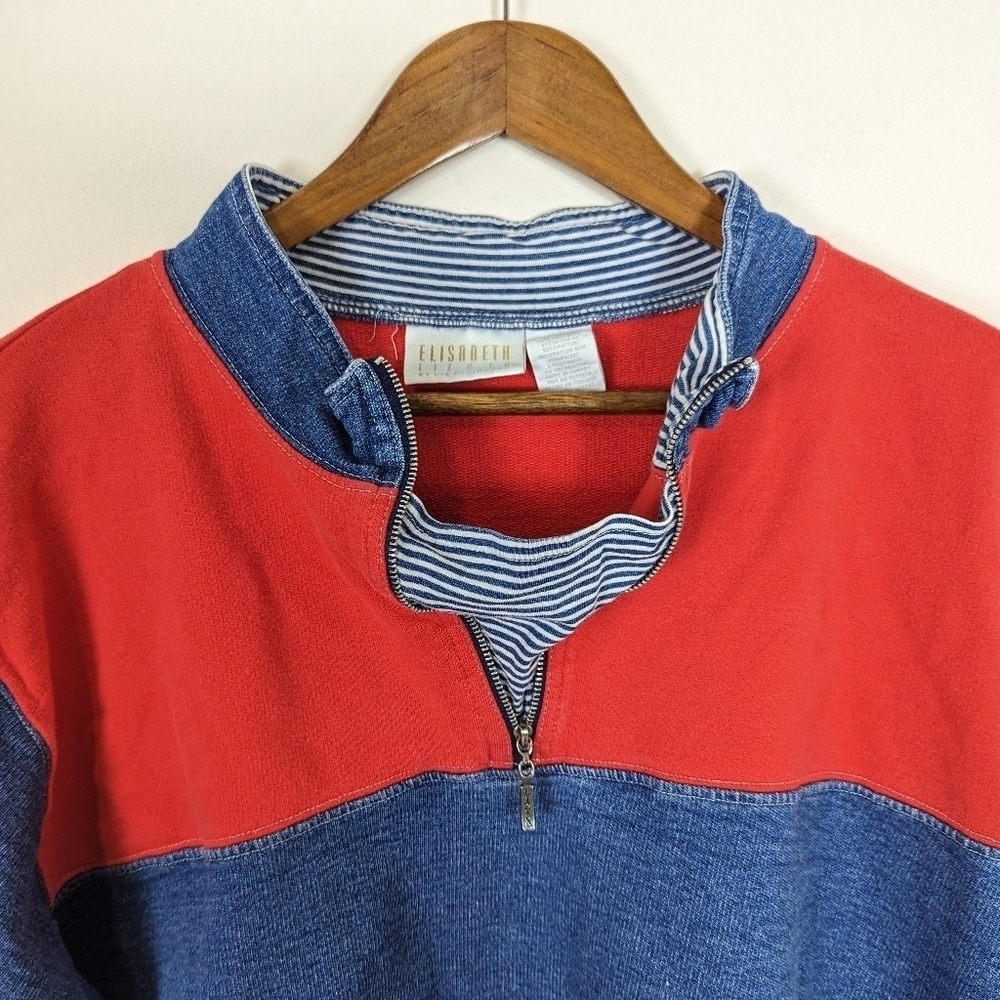 VTG Elisabeth Liz & Co Retro Cotton Denim & Red Half Zip Pullover Sweatshirt - Picture 3 of 6